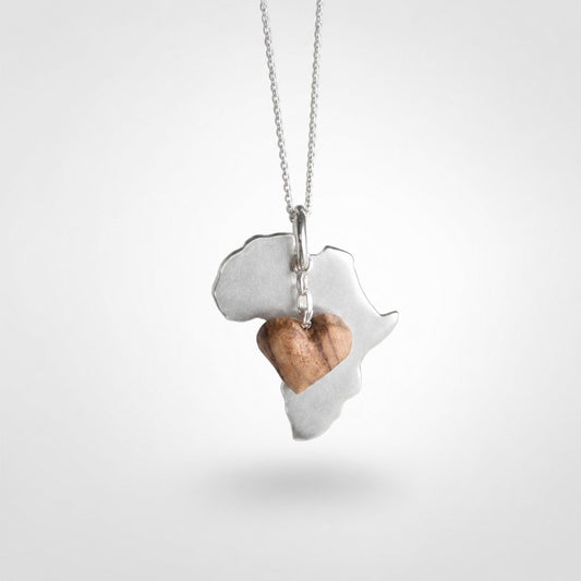 Africa Silhouette Pendant - front view sterling silver with hand-carved olive wood heart charm