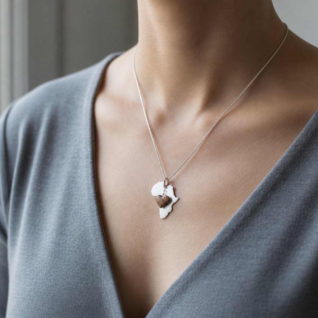 Africa Silhouette Pendant - front view sterling silver with hand-carved olive wood heart charm