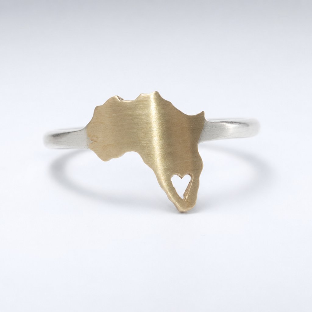 Africa Silhouette Ring by Natasha Wood Jewellery - brass and silver with heart cutout detail, front view