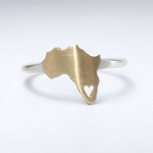 Africa Silhouette Ring by Natasha Wood Jewellery - brass and silver with heart cutout detail, front view