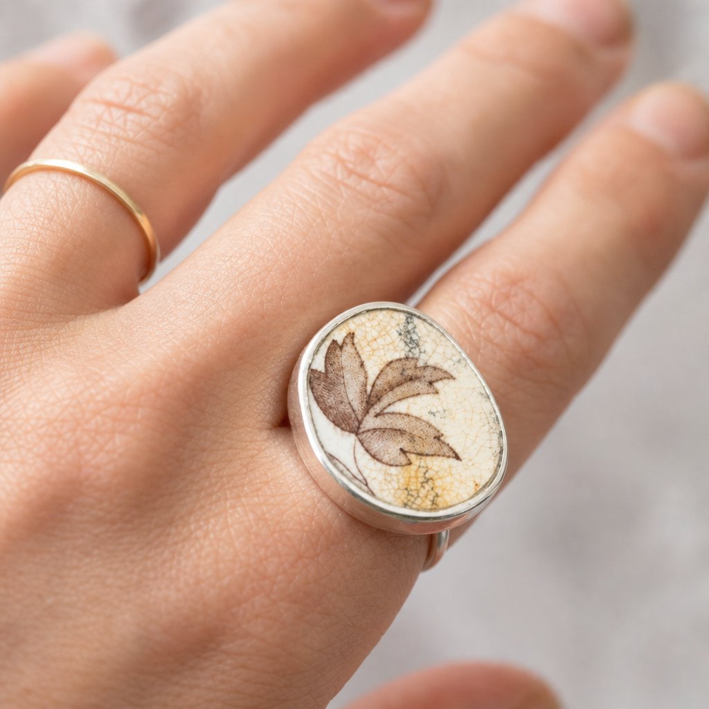 Autumn Leaf Antique Ceramic Ring - worn on hand, sterling silver bezel setting