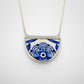 Blue and White Delft Ceramic Half-Round Pendant - front view, antique transferware set in sterling silver