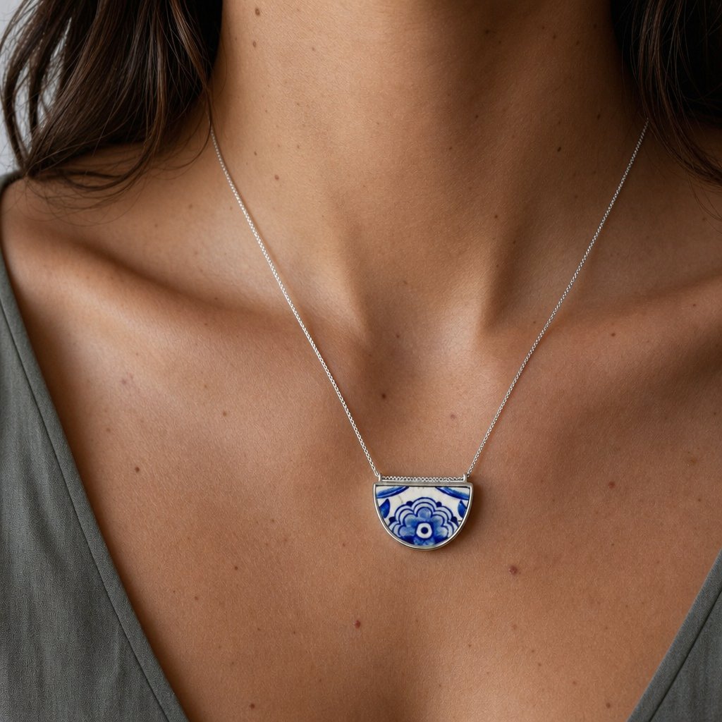 Blue and White Delft Ceramic Half-Round Pendant - front view, antique transferware set in sterling silver