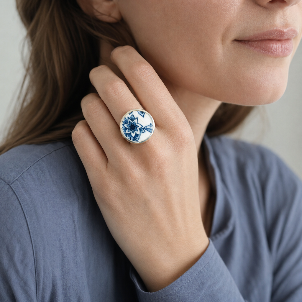 Blue and white antique ceramic ring - worn on hand showing scale sterling silver setting
