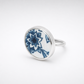 Blue and white antique ceramic ring - close-up of hand-printed star motif ceramic fragment in sterling silver bezel
