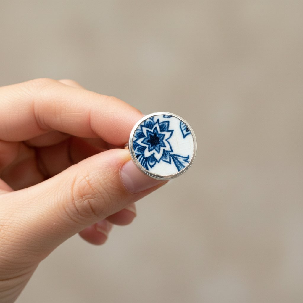 Blue and white antique ceramic ring - front view sterling silver bezel setting on wooden ring stand