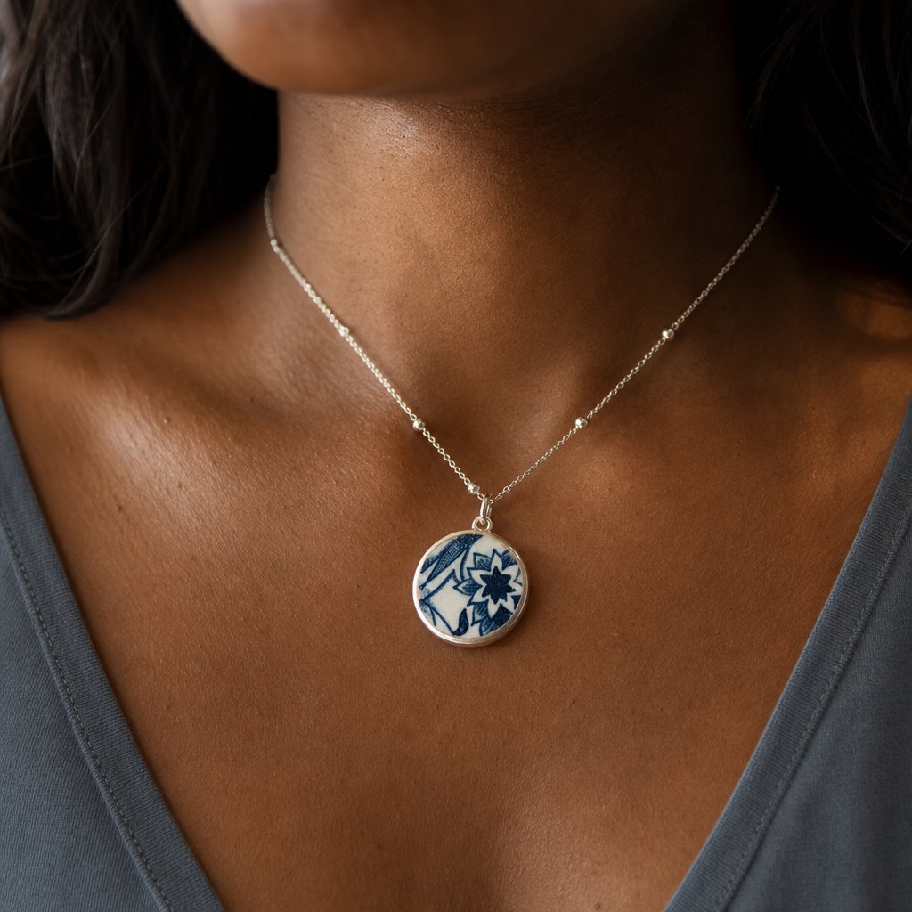 Handmade blue and white ceramic china pendant set in sterling silver bezel - side angle