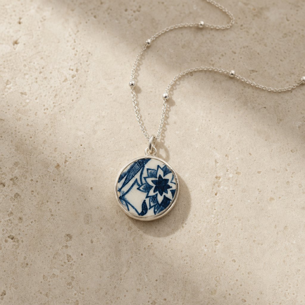 Blue and white willow-pattern ceramic pendant sterling silver - three-quarter angle view