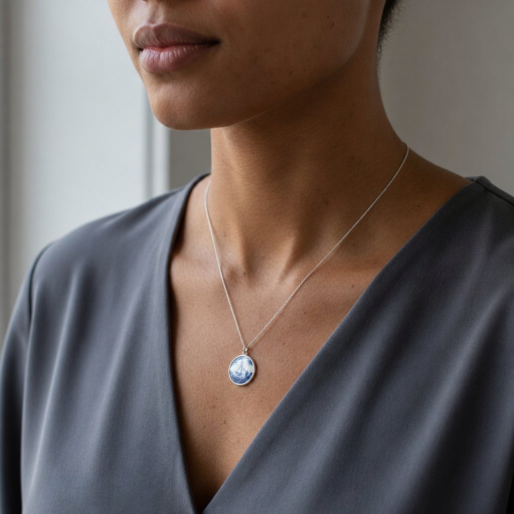 Blue and white willow pattern ceramic pendant - front view sterling silver bezel setting on chain