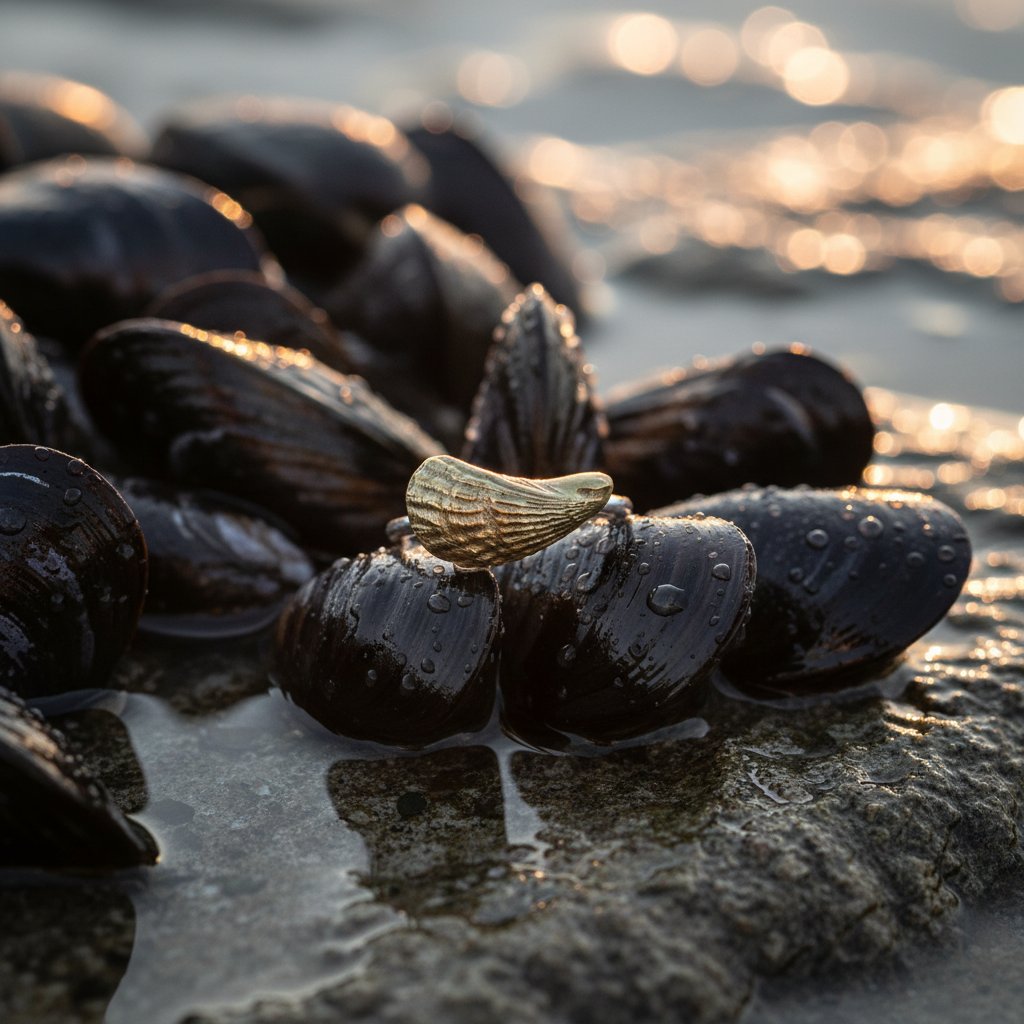 Brass Black Mussel Shell Ring - side angle flat lay, sterling silver 2mm wire band