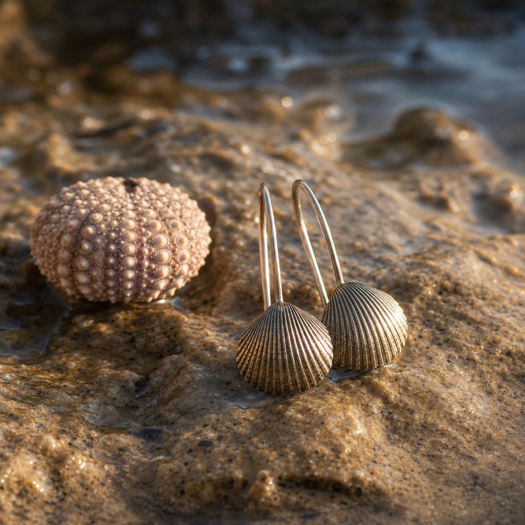Brass Scallop Shell Earrings - lifestyle shot on coastal rock surface with sterling silver hooks
