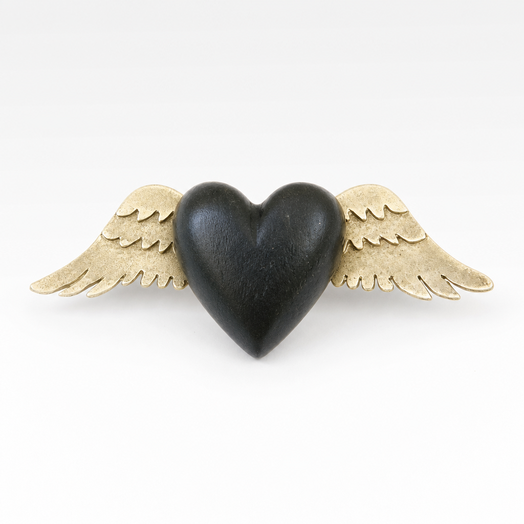 Brass Winged Wooden Heart Necklace - front view showing olive wood and African Blackwood variants with brass wings