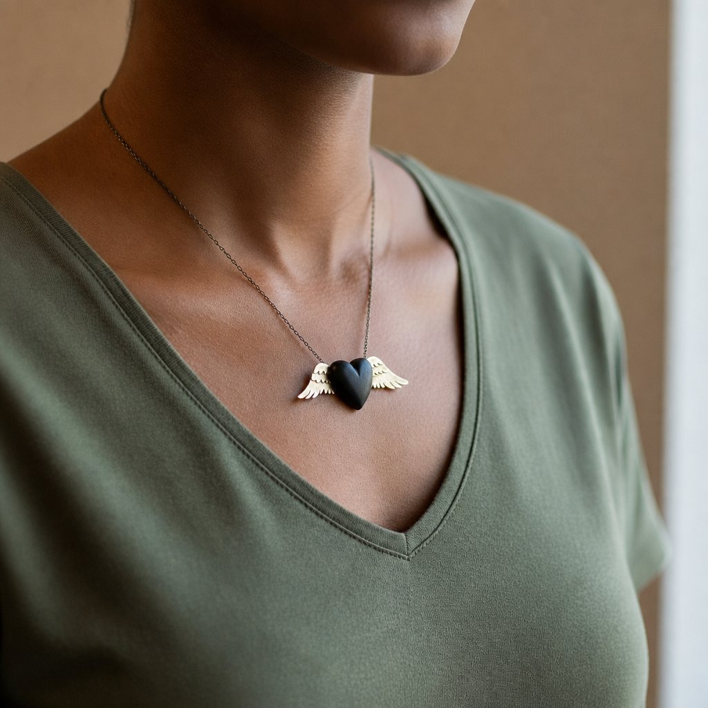 Brass Winged Wooden Heart Necklace - front view showing olive wood and African Blackwood variants with brass wings