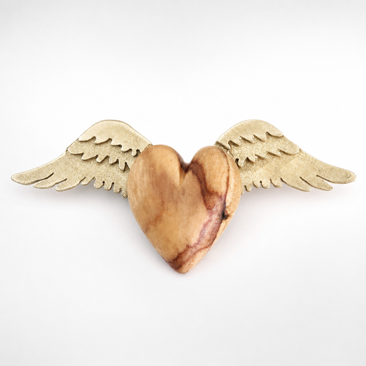 Brass Winged Wooden Heart Necklace - front view showing olive wood and African Blackwood variants with brass wings