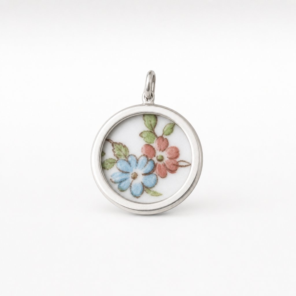 Broken China Double Sided Pendant - front face blue willow pattern antique ceramic sterling silver bezel