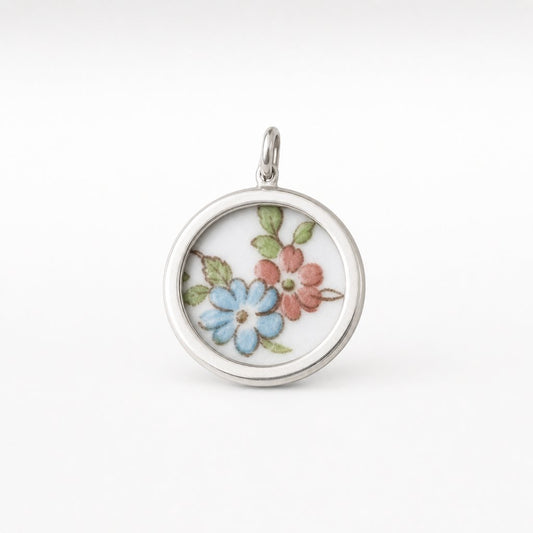 Broken China Double Sided Pendant - front face blue willow pattern antique ceramic sterling silver bezel