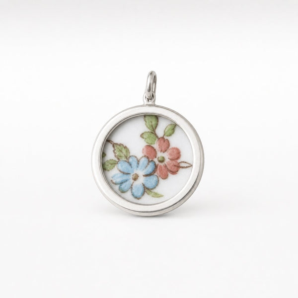 Broken China Double Sided Pendant - front face blue willow pattern antique ceramic sterling silver bezel