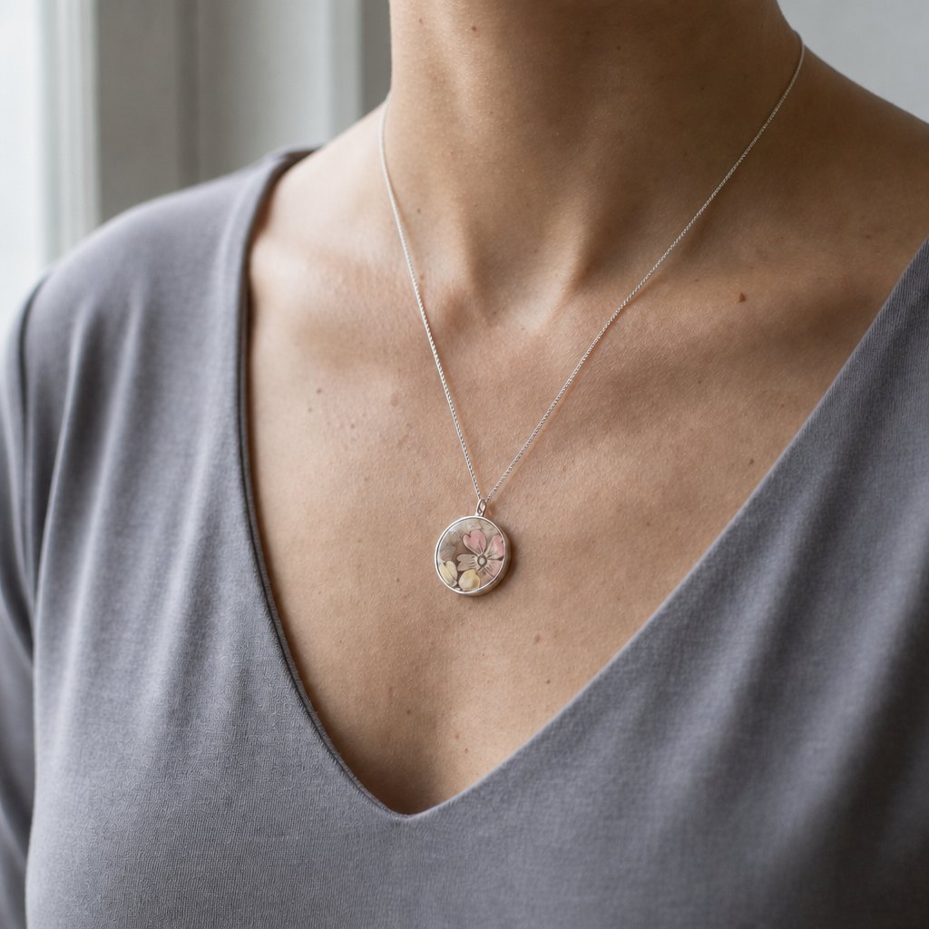 Broken china plate pendant - angled hero view - floral vintage ceramic in sterling silver bezel, 45cm chain