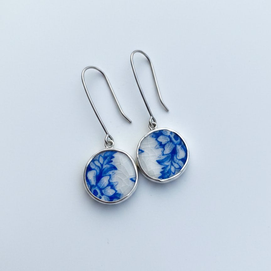 Customisable Vintage China Silver Earrings - flat-lay on antique blue floral porcelain plate, sterling silver bezels