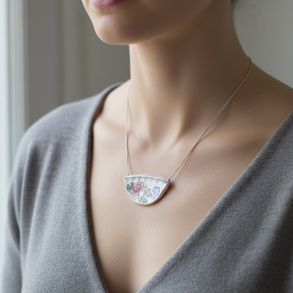 Broken Plate Blooming Again Pendant - front view antique floral ceramic in sterling silver bezel