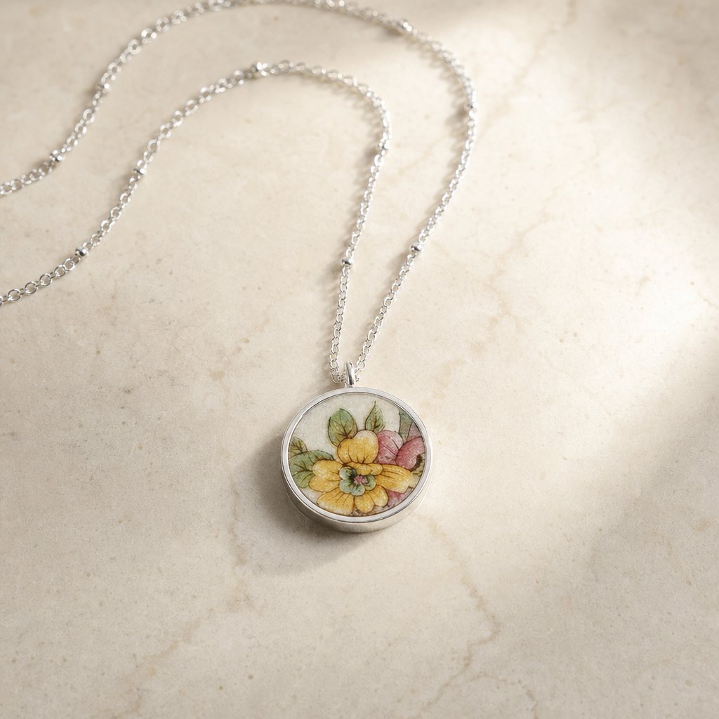 Antique Ceramic Floral Pendant - angled flat-lay sterling silver bezel setting yellow and pink flowers