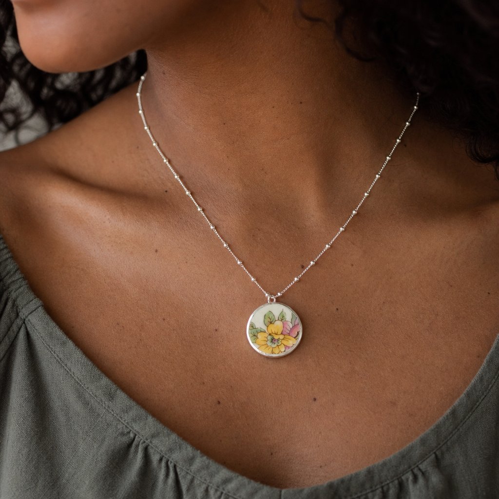 Antique Ceramic Floral Pendant - angled flat-lay sterling silver bezel setting yellow and pink flowers