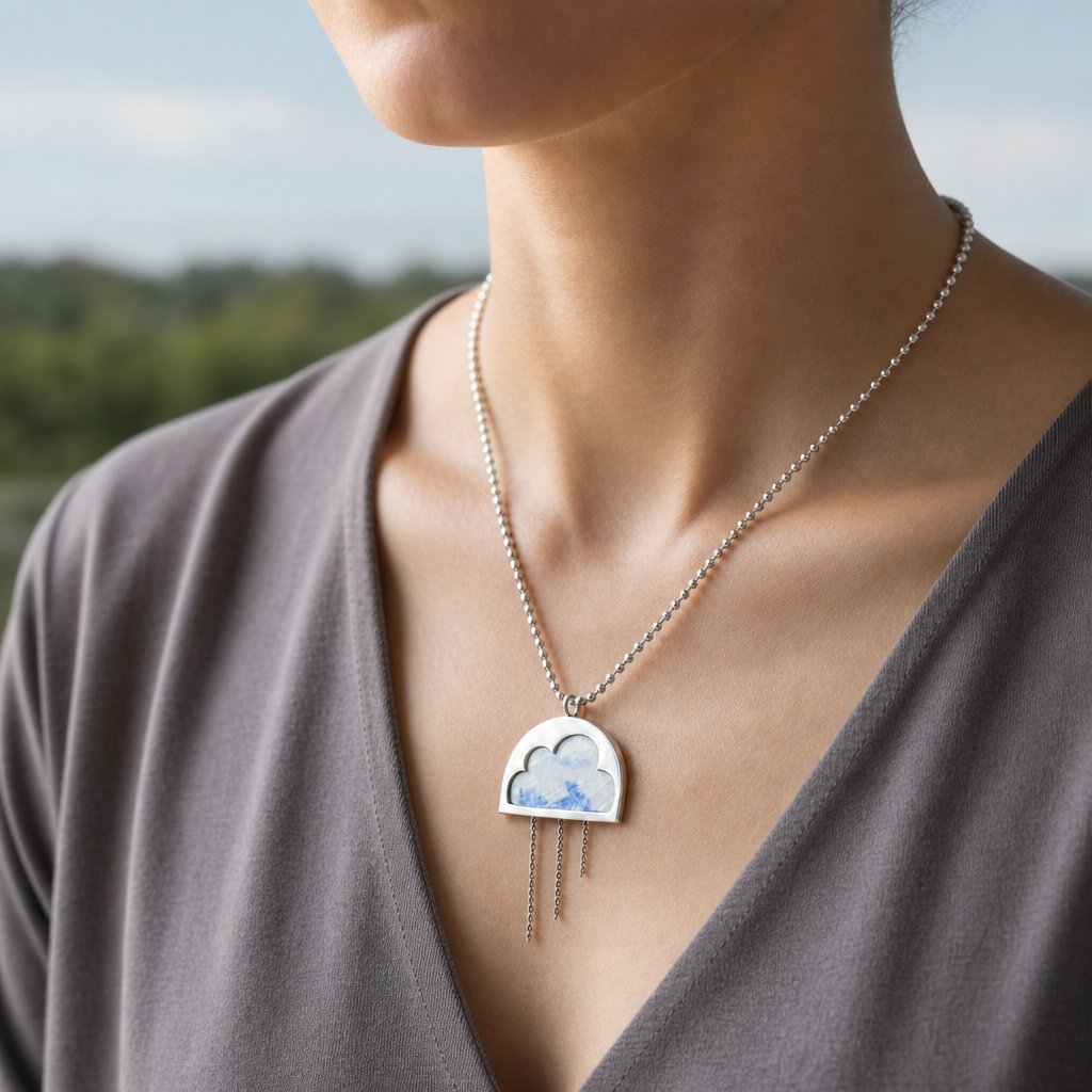 Cloud Pendant - front view, sterling silver with antique blue and white ceramic inlay and hanging chain details