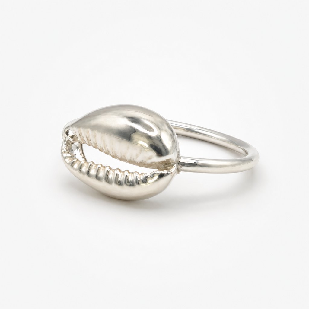 Cowrie Shell Ring - front angle sterling silver handmade by Natasha Wood Jewellery