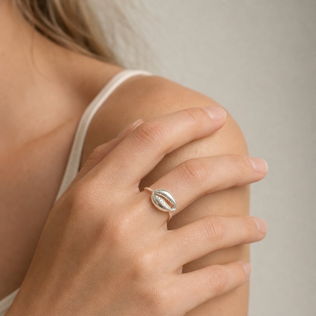 Cowrie Shell Ring - front view solid sterling silver cowrie shell ring handmade