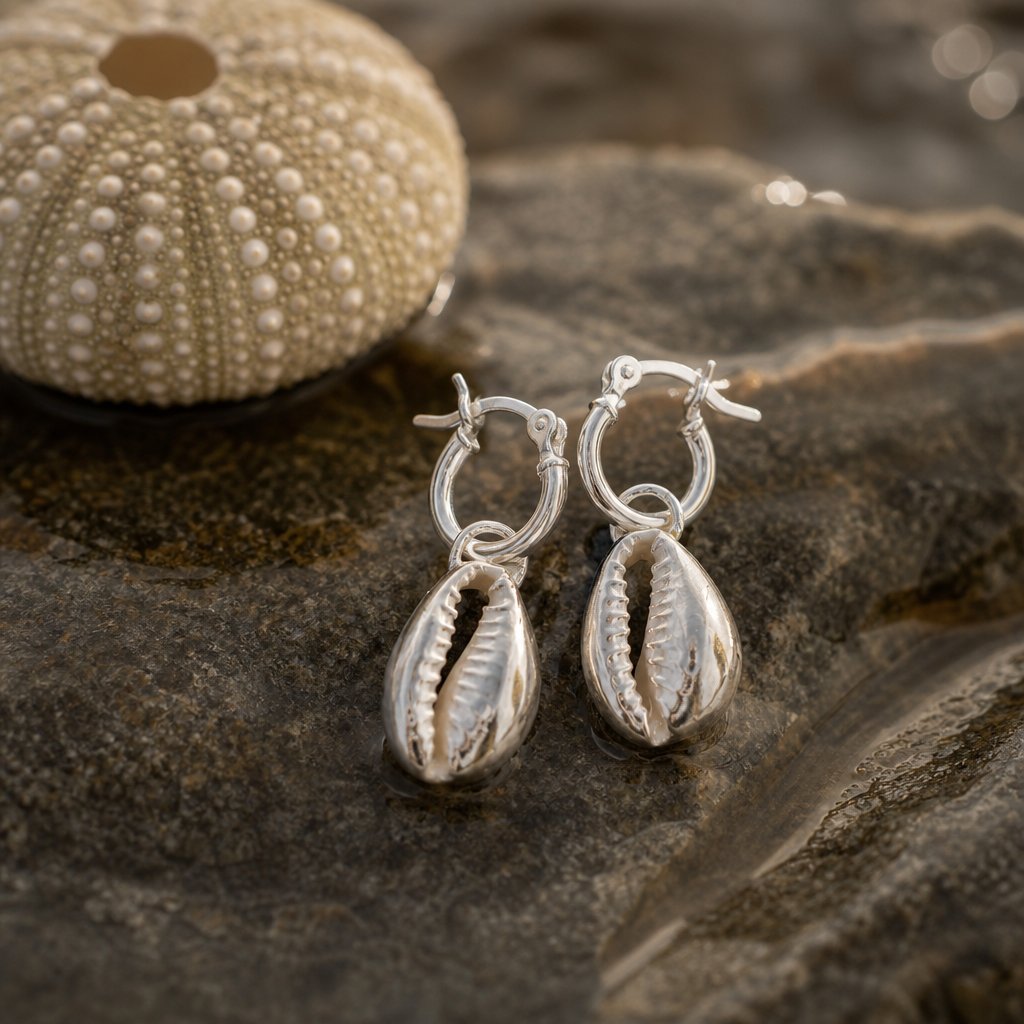 Cowry Shell Hoop Earrings - front view pair sterling silver handmade
