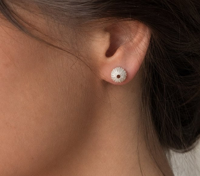 Sea Urchin Stud Earrings - front view sterling silver pair, handmade textured dome surface