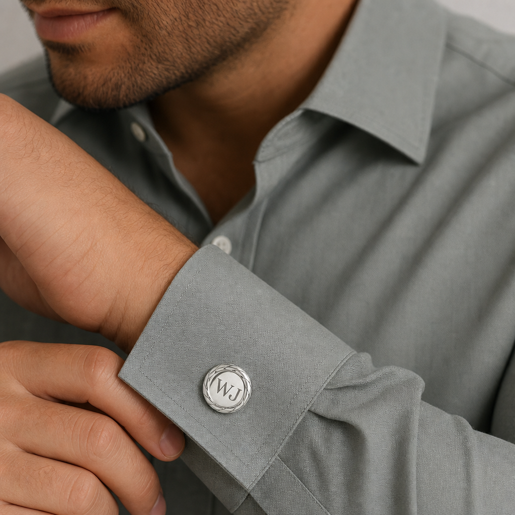 Personalised Sterling Silver Cufflinks - twisted rope border with engraved initials WJ and date 9/12/2020