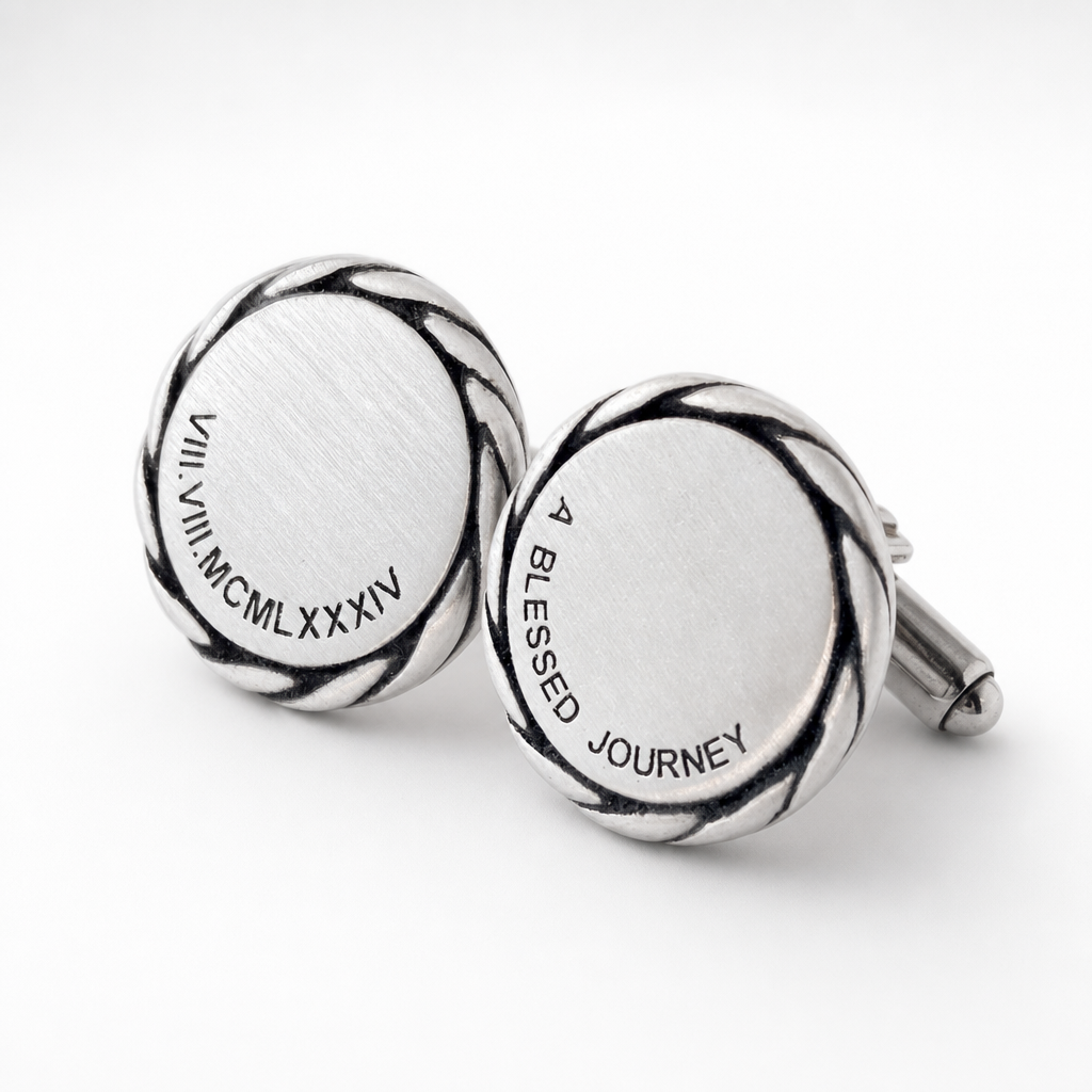 Personalised Sterling Silver Cufflinks - roman numeral date and phrase laser engraving detail