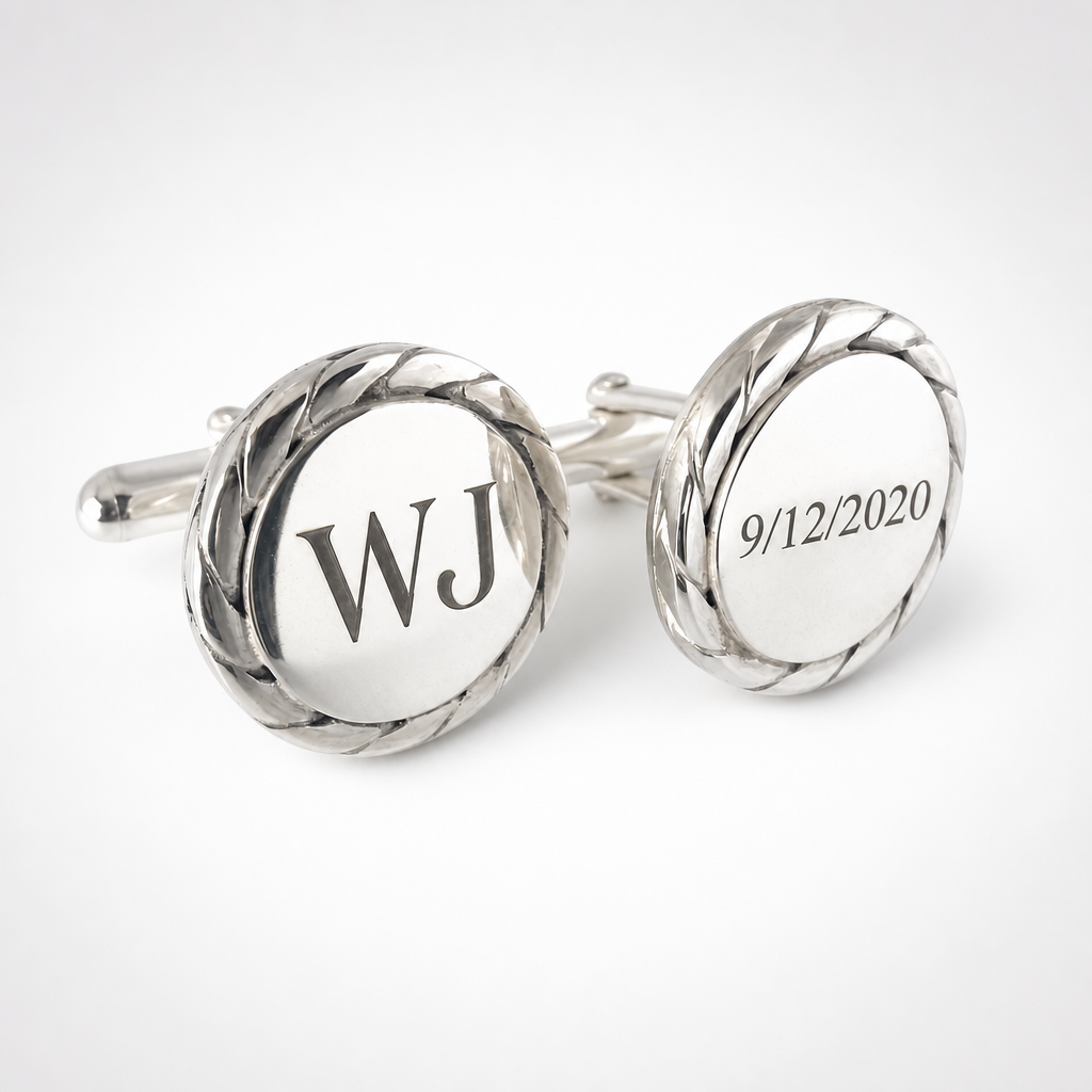 Personalised Sterling Silver Cufflinks - twisted rope border with engraved initials WJ and date 9/12/2020