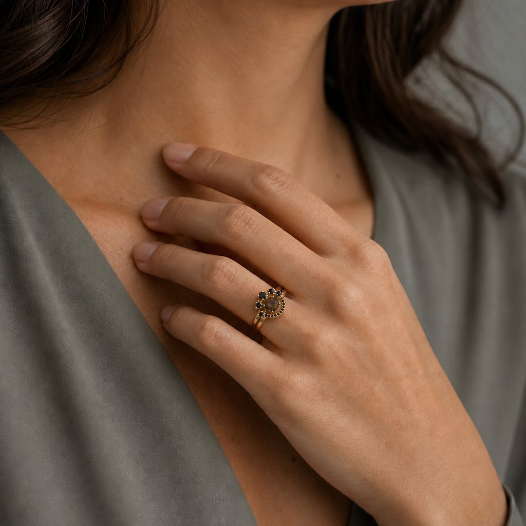Custom gold engagement ring stacked with curved wedding band, featuring smokey quartz and black diamond cluster - Natasha Wood Jewellery