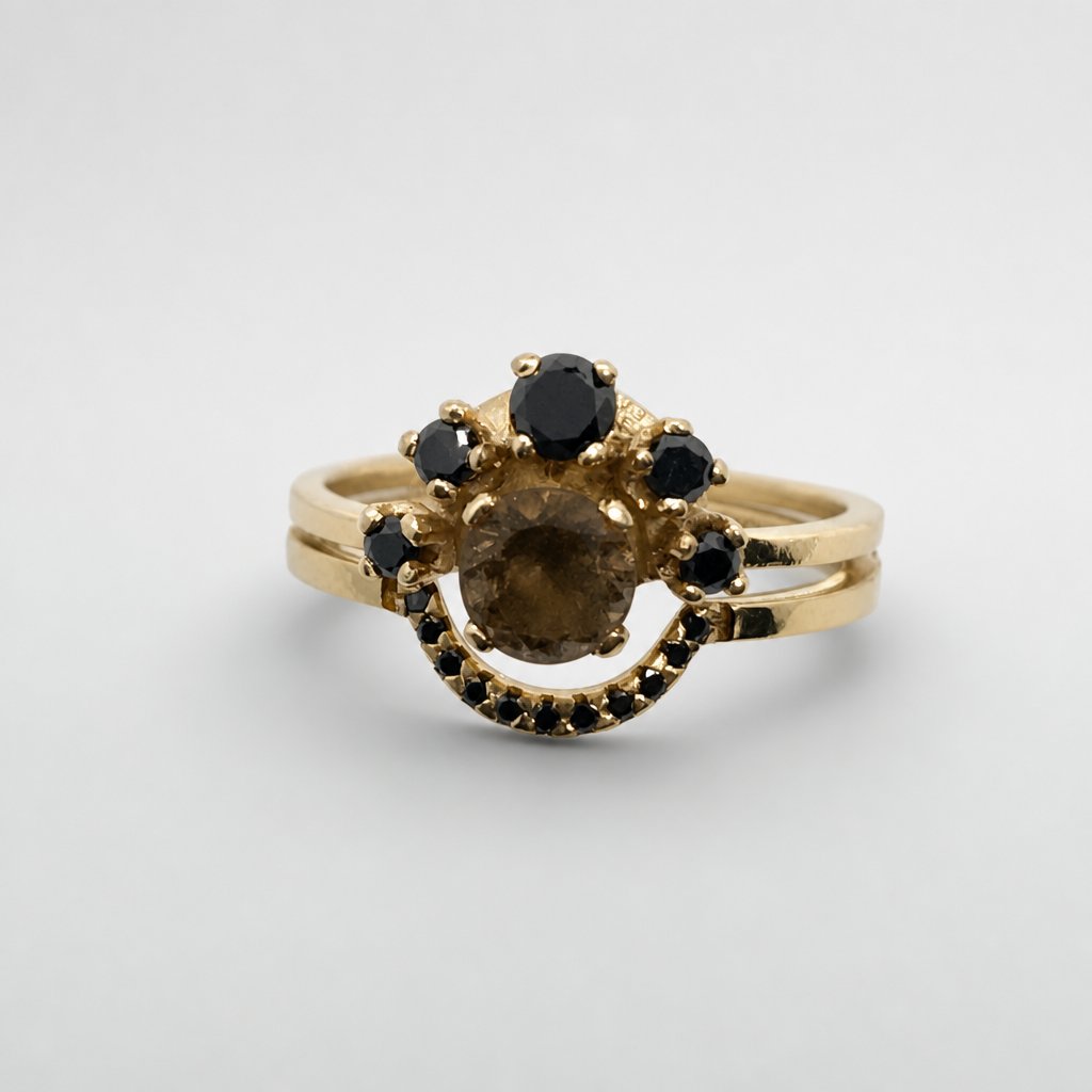Custom 14ct gold curved wedding band with black diamond pavé setting - Natasha Wood Jewellery