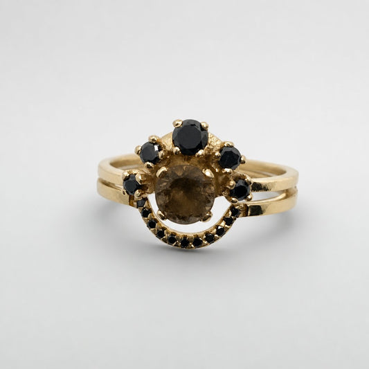 Custom 14ct gold curved wedding band with black diamond pavé setting - Natasha Wood Jewellery