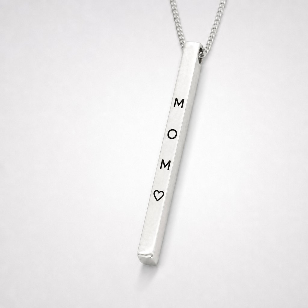Personalised Silver Bar Necklace - front face hero view with hand-stamped engraving on sterling silver curb chain