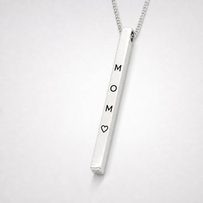 Personalised Silver Bar Necklace - front face hero view with hand-stamped engraving on sterling silver curb chain