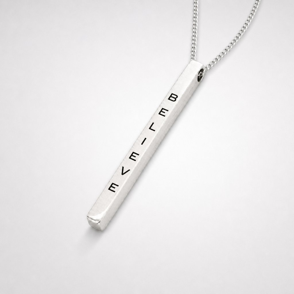Personalised Silver Bar Necklace - side view showing hand-stamped engraving on sterling silver