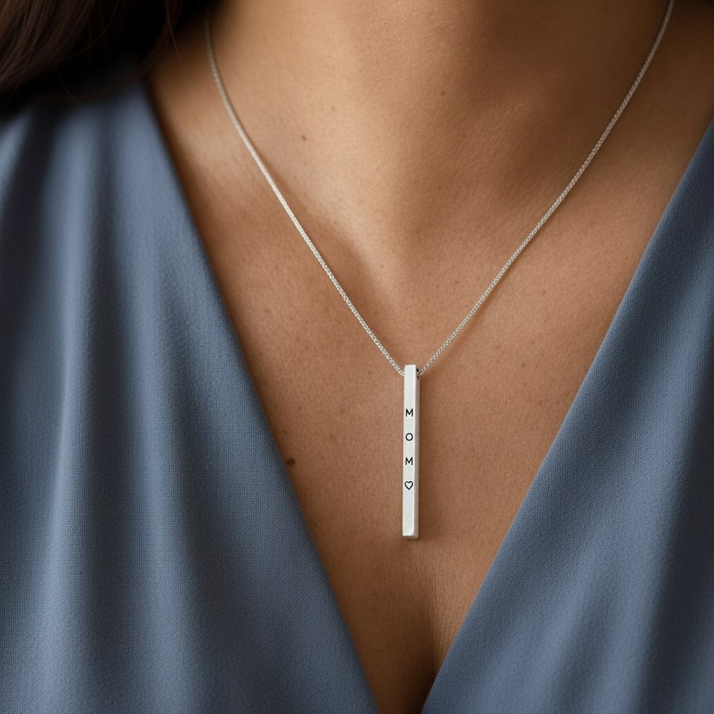 Personalised Silver Bar Necklace - front face hero view with hand-stamped engraving on sterling silver curb chain