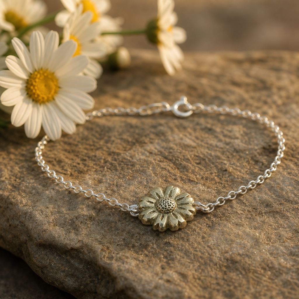 Daisy Flower Bracelet - sterling silver daisy charm bracelet laid diagonally on marble with yellow daisy flower