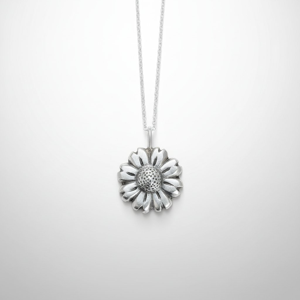 Daisy Flower Pendant - oxidized silver finish close-up, handcrafted sterling silver