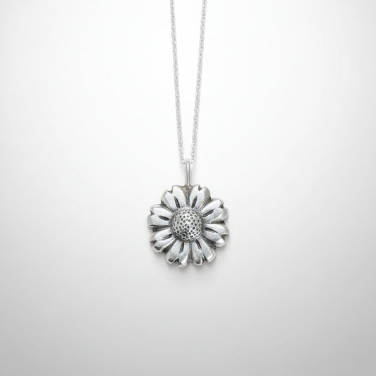 Daisy Flower Pendant - oxidized silver finish close-up, handcrafted sterling silver