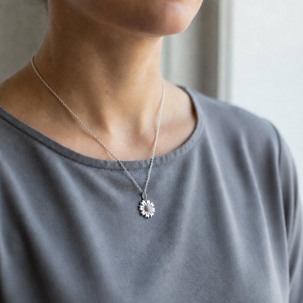 Daisy Flower Pendant - oxidized sterling silver with darkened texture detail, handmade by Natasha Wood