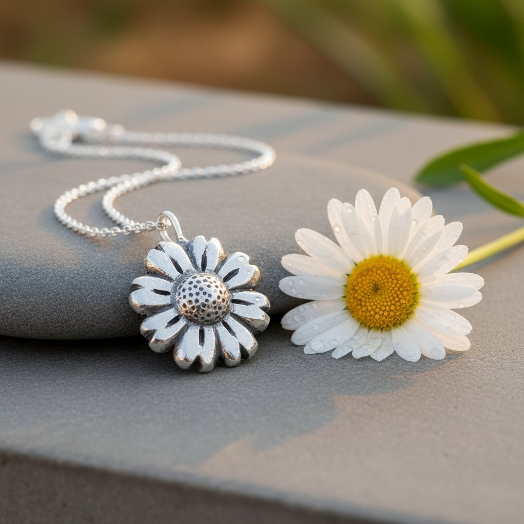 Daisy Flower Pendant - shiny sterling silver on light blue background, handmade by Natasha Wood
