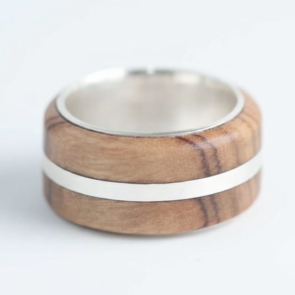 Modern Wood Inlay Silver Band - top view, olive wood inlay with sterling silver 925 | Natasha Wood Jewellery