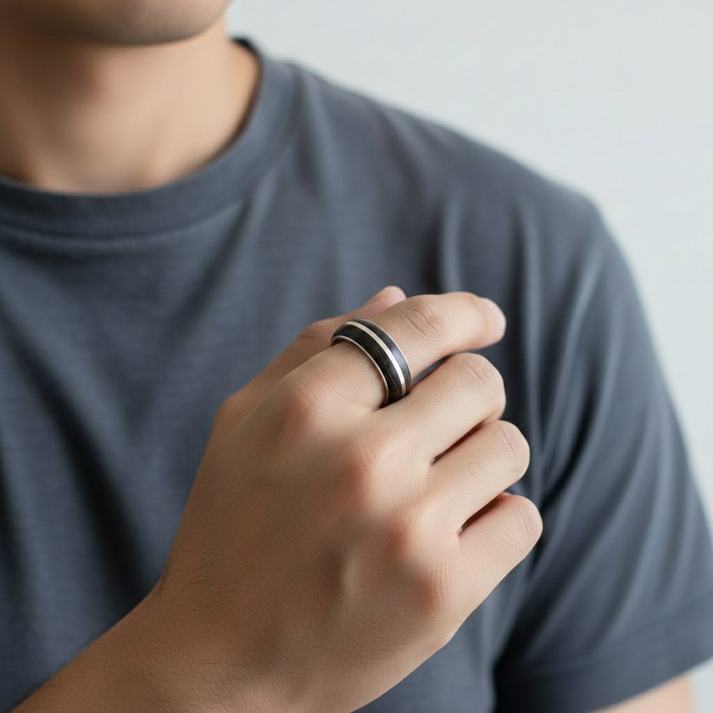 Modern Wood Inlay Silver Band - angled side view of African blackwood and sterling silver double-layer band | Natasha Wood Jewellery