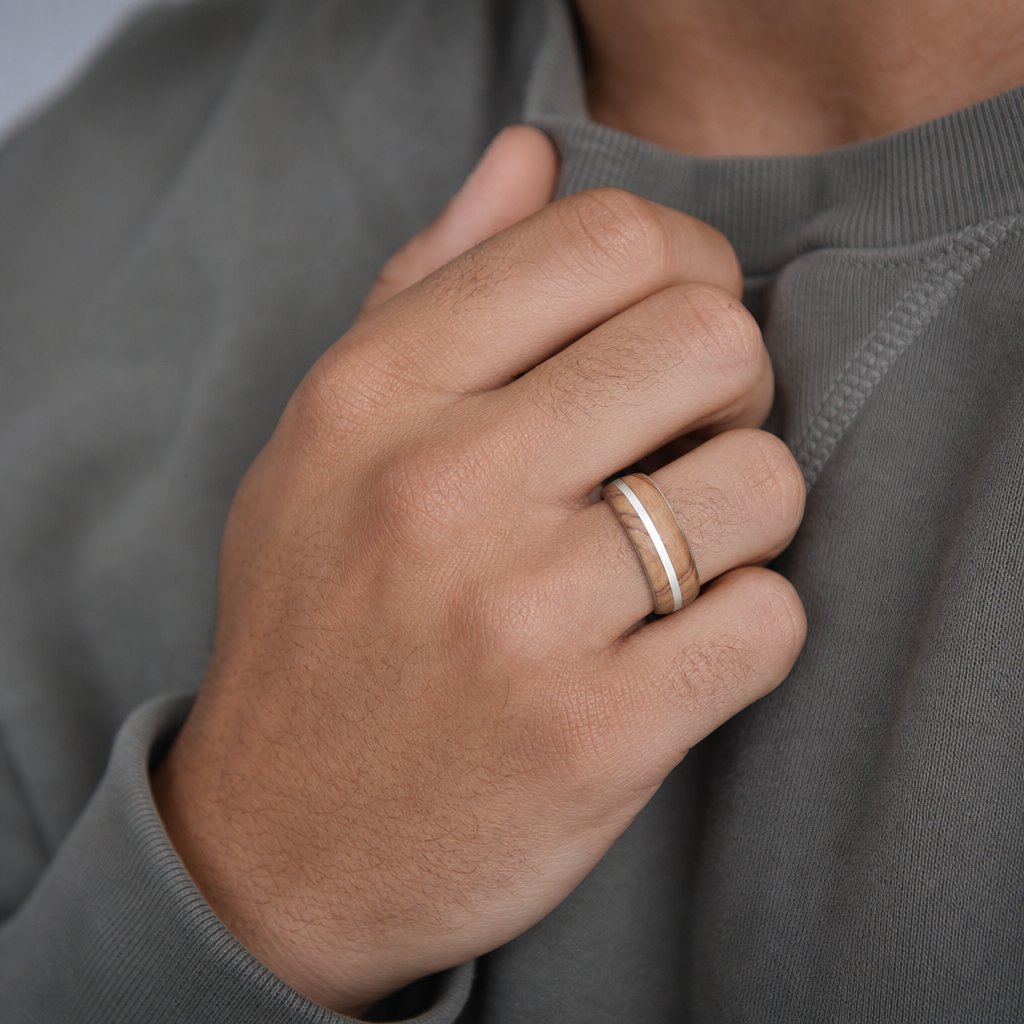 Modern Wood Inlay Silver Band - interior comfort-fit view of sterling silver 925 inner band, olive wood variant | Natasha Wood Jewellery