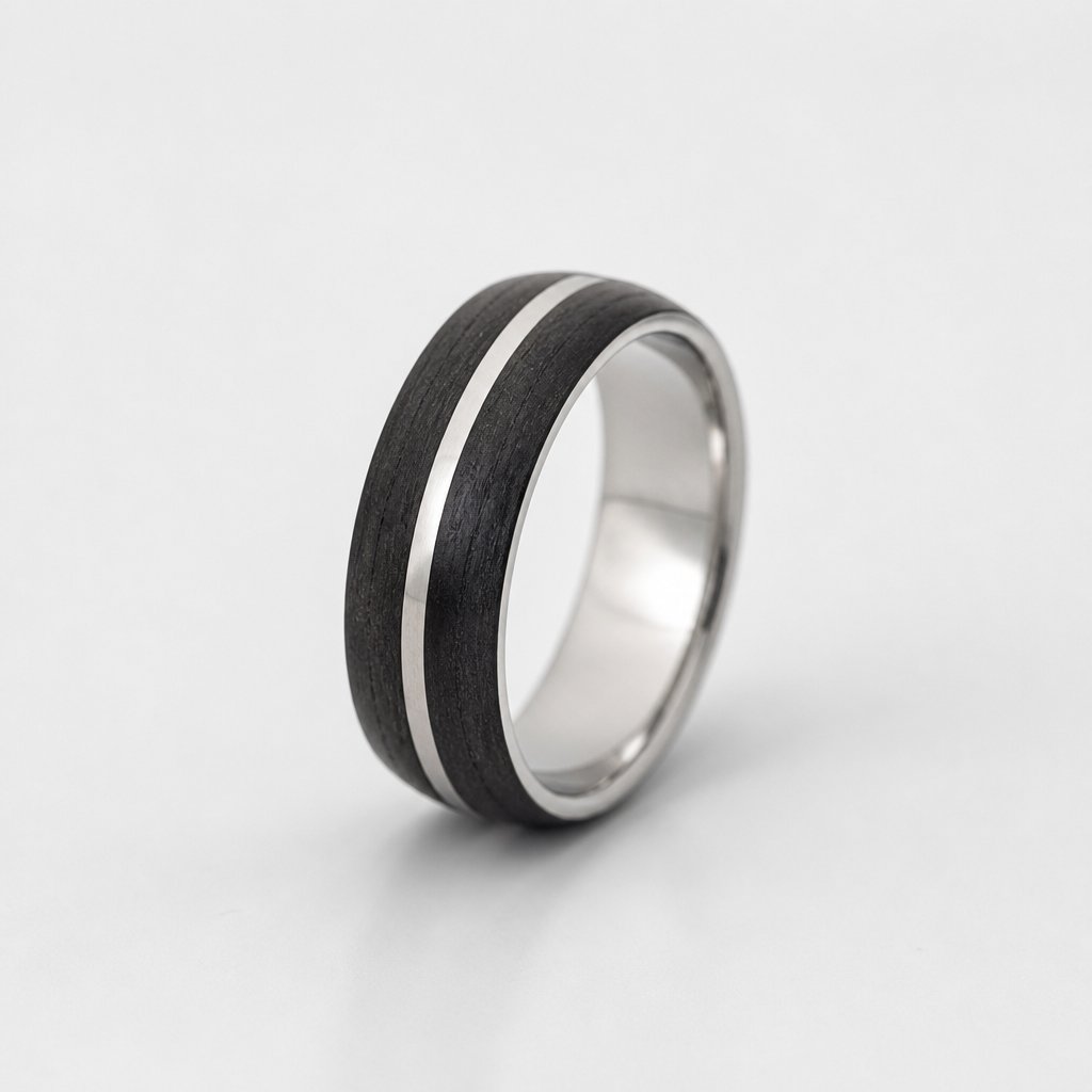 Modern Wood Inlay Silver Band - angled side view of African blackwood and sterling silver double-layer band | Natasha Wood Jewellery